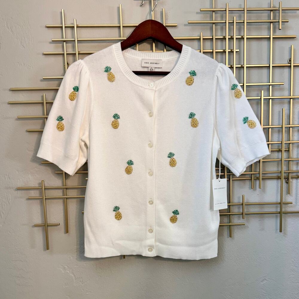 Free Assembly Beaded Pineapple Puff Sleeve Cardigan White S NWT